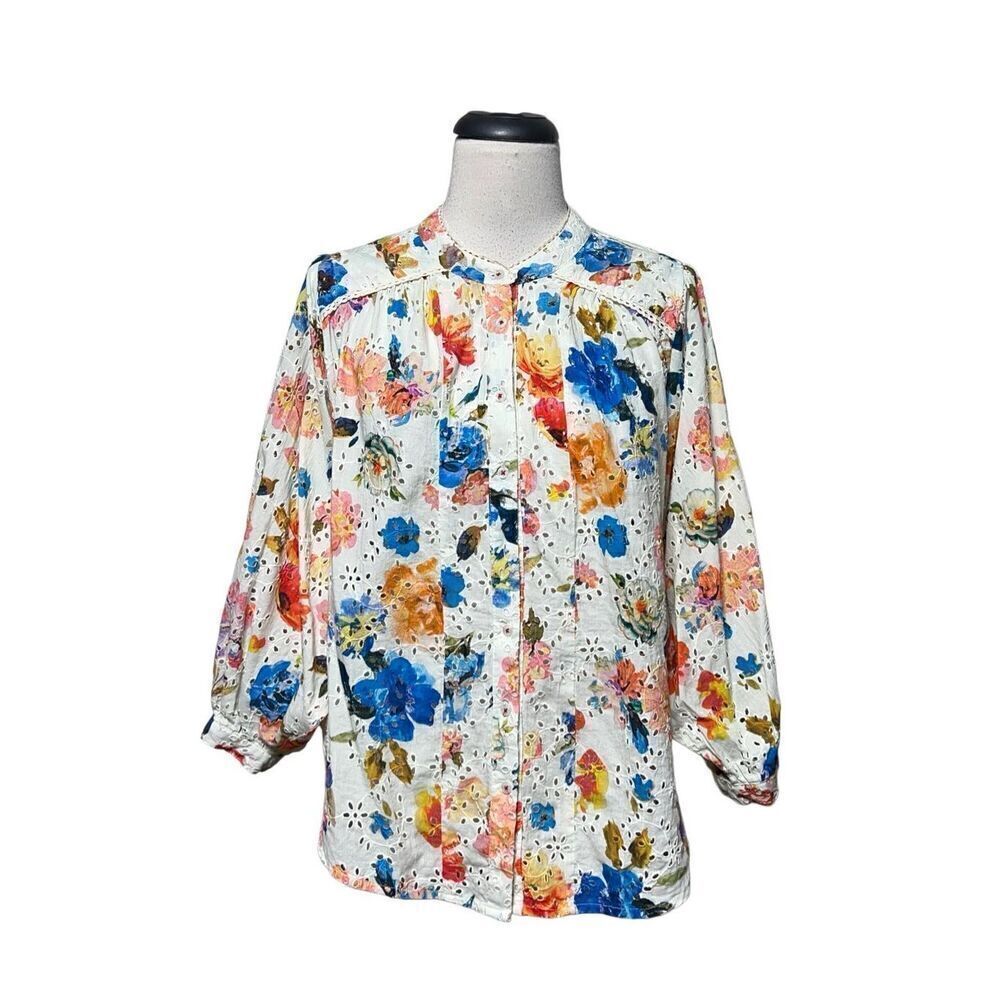 Tolani Boho Floral Button Down Eyelet Lace Oversize Peasant Blouse Small